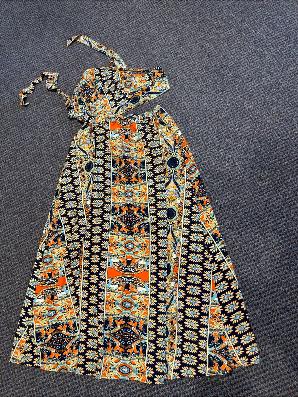 Boho Maxi Dress in Navy and Orange - Halter Style